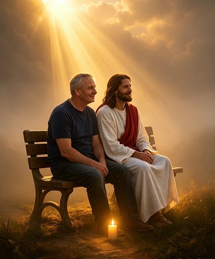 Jesus talking with man and his dog